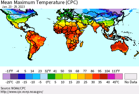 World Mean Maximum Temperature (CPC) Thematic Map For 1/23/2023 - 1/29/2023