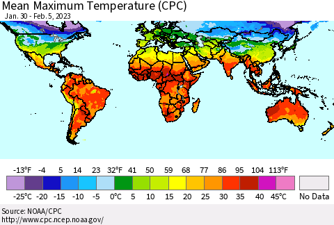 World Mean Maximum Temperature (CPC) Thematic Map For 1/30/2023 - 2/5/2023