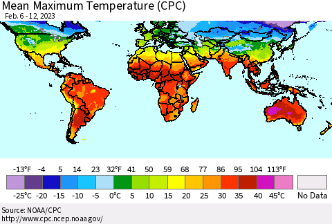 World Mean Maximum Temperature (CPC) Thematic Map For 2/6/2023 - 2/12/2023