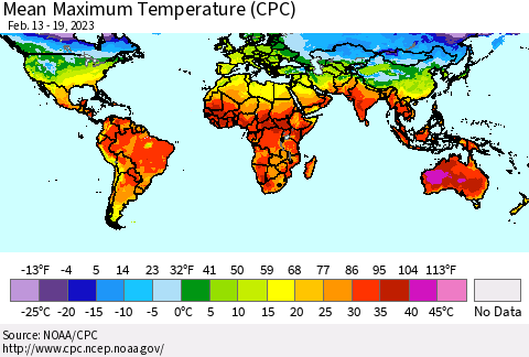 World Mean Maximum Temperature (CPC) Thematic Map For 2/13/2023 - 2/19/2023