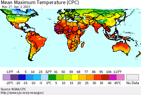 World Mean Maximum Temperature (CPC) Thematic Map For 3/27/2023 - 4/2/2023
