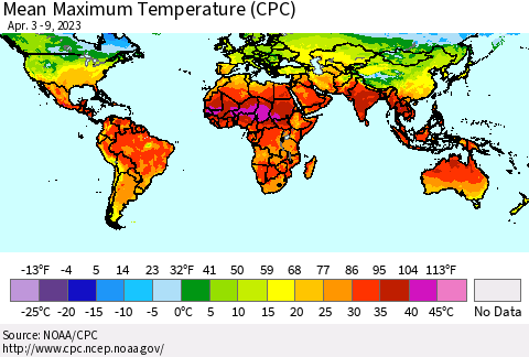 World Mean Maximum Temperature (CPC) Thematic Map For 4/3/2023 - 4/9/2023