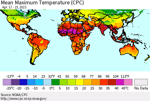 World Mean Maximum Temperature (CPC) Thematic Map For 4/17/2023 - 4/23/2023