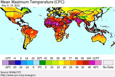 World Mean Maximum Temperature (CPC) Thematic Map For 5/8/2023 - 5/14/2023