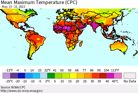 World Mean Maximum Temperature (CPC) Thematic Map For 5/15/2023 - 5/21/2023