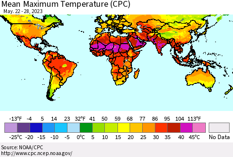 World Mean Maximum Temperature (CPC) Thematic Map For 5/22/2023 - 5/28/2023