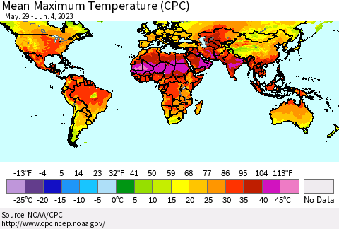 World Mean Maximum Temperature (CPC) Thematic Map For 5/29/2023 - 6/4/2023