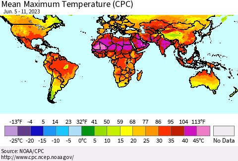 World Mean Maximum Temperature (CPC) Thematic Map For 6/5/2023 - 6/11/2023