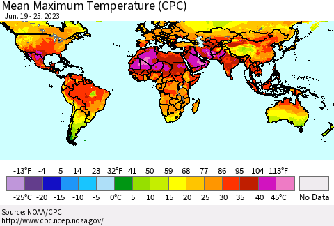 World Mean Maximum Temperature (CPC) Thematic Map For 6/19/2023 - 6/25/2023