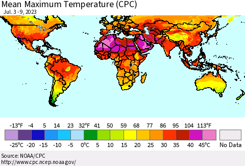 World Mean Maximum Temperature (CPC) Thematic Map For 7/3/2023 - 7/9/2023