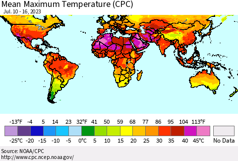 World Mean Maximum Temperature (CPC) Thematic Map For 7/10/2023 - 7/16/2023