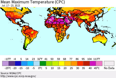 World Mean Maximum Temperature (CPC) Thematic Map For 7/17/2023 - 7/23/2023