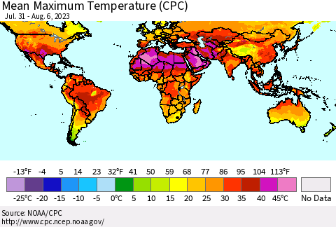 World Mean Maximum Temperature (CPC) Thematic Map For 7/31/2023 - 8/6/2023