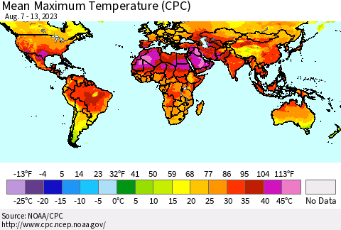 World Mean Maximum Temperature (CPC) Thematic Map For 8/7/2023 - 8/13/2023