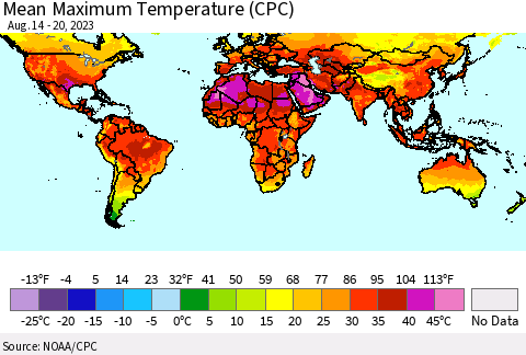 World Mean Maximum Temperature (CPC) Thematic Map For 8/14/2023 - 8/20/2023