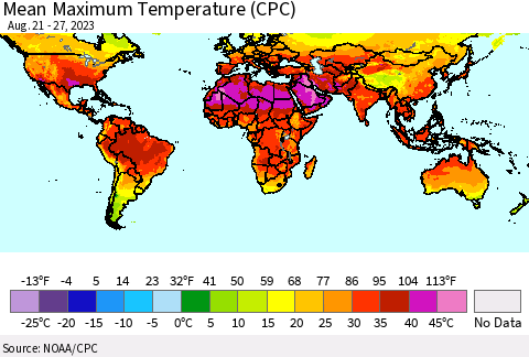 World Mean Maximum Temperature (CPC) Thematic Map For 8/21/2023 - 8/27/2023