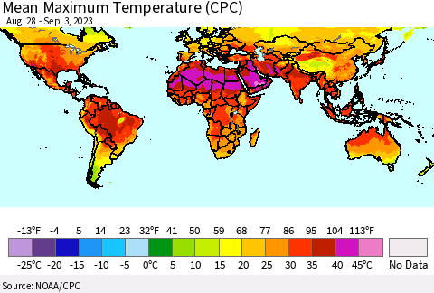 World Mean Maximum Temperature (CPC) Thematic Map For 8/28/2023 - 9/3/2023