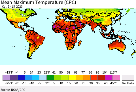 World Mean Maximum Temperature (CPC) Thematic Map For 10/9/2023 - 10/15/2023