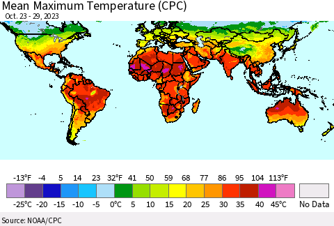 World Mean Maximum Temperature (CPC) Thematic Map For 10/23/2023 - 10/29/2023