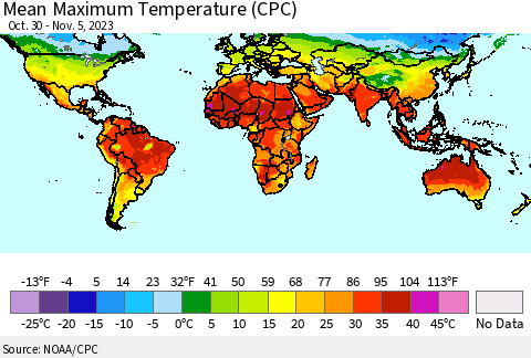 World Mean Maximum Temperature (CPC) Thematic Map For 10/30/2023 - 11/5/2023