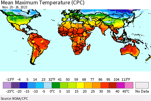 World Mean Maximum Temperature (CPC) Thematic Map For 11/20/2023 - 11/26/2023