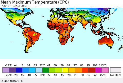 World Mean Maximum Temperature (CPC) Thematic Map For 11/27/2023 - 12/3/2023