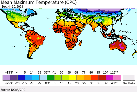 World Mean Maximum Temperature (CPC) Thematic Map For 12/4/2023 - 12/10/2023