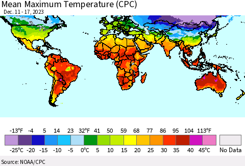 World Mean Maximum Temperature (CPC) Thematic Map For 12/11/2023 - 12/17/2023