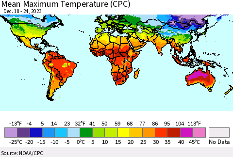World Mean Maximum Temperature (CPC) Thematic Map For 12/18/2023 - 12/24/2023