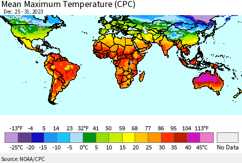 World Mean Maximum Temperature (CPC) Thematic Map For 12/25/2023 - 12/31/2023