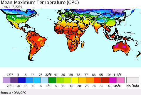 World Mean Maximum Temperature (CPC) Thematic Map For 1/1/2024 - 1/7/2024
