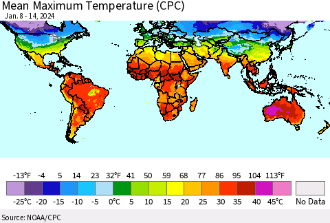 World Mean Maximum Temperature (CPC) Thematic Map For 1/8/2024 - 1/14/2024