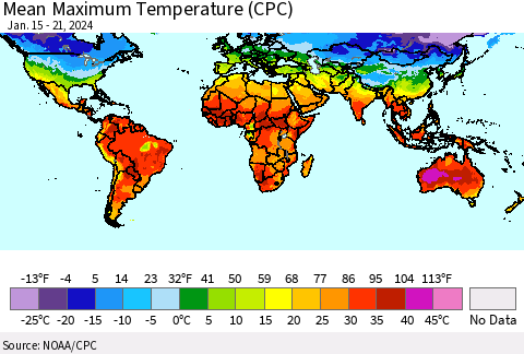World Mean Maximum Temperature (CPC) Thematic Map For 1/15/2024 - 1/21/2024