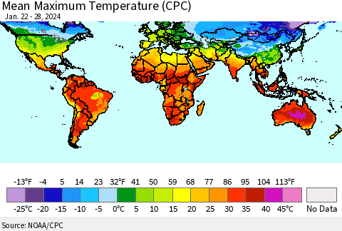 World Mean Maximum Temperature (CPC) Thematic Map For 1/22/2024 - 1/28/2024