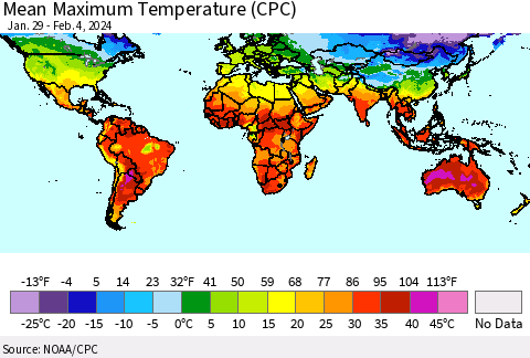 World Mean Maximum Temperature (CPC) Thematic Map For 1/29/2024 - 2/4/2024
