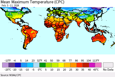 World Mean Maximum Temperature (CPC) Thematic Map For 2/5/2024 - 2/11/2024