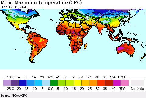 World Mean Maximum Temperature (CPC) Thematic Map For 2/12/2024 - 2/18/2024