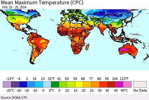 World Mean Maximum Temperature (CPC) Thematic Map For 2/19/2024 - 2/25/2024