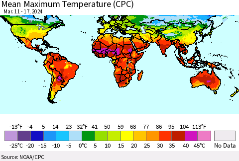 World Mean Maximum Temperature (CPC) Thematic Map For 3/11/2024 - 3/17/2024