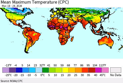 World Mean Maximum Temperature (CPC) Thematic Map For 3/18/2024 - 3/24/2024