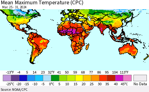 World Mean Maximum Temperature (CPC) Thematic Map For 3/25/2024 - 3/31/2024