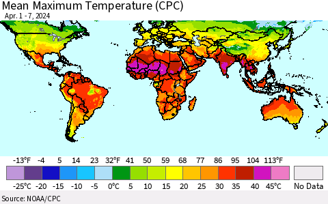World Mean Maximum Temperature (CPC) Thematic Map For 4/1/2024 - 4/7/2024