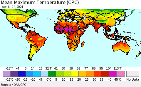 World Mean Maximum Temperature (CPC) Thematic Map For 4/8/2024 - 4/14/2024