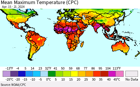 World Mean Maximum Temperature (CPC) Thematic Map For 4/15/2024 - 4/21/2024