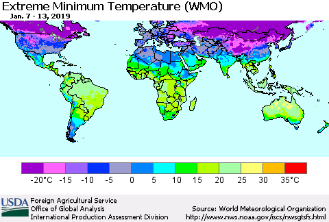 World Minimum Daily Temperature (WMO) Thematic Map For 1/7/2019 - 1/13/2019
