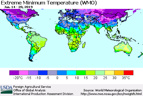 World Minimum Daily Temperature (WMO) Thematic Map For 1/14/2019 - 1/20/2019
