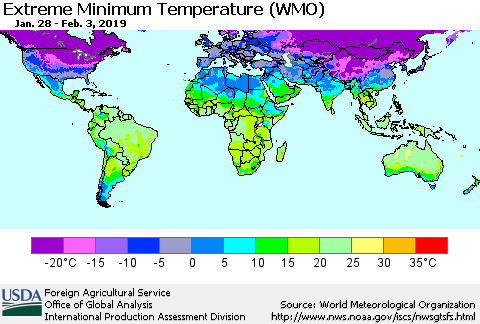 World Minimum Daily Temperature (WMO) Thematic Map For 1/28/2019 - 2/3/2019