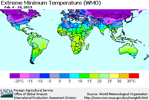 World Minimum Daily Temperature (WMO) Thematic Map For 2/4/2019 - 2/10/2019