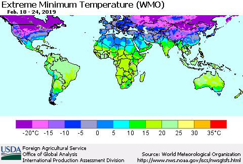 World Minimum Daily Temperature (WMO) Thematic Map For 2/18/2019 - 2/24/2019