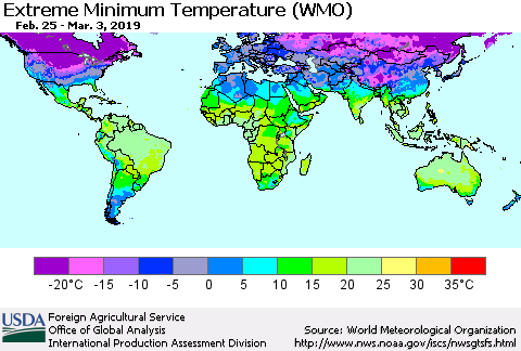 World Minimum Daily Temperature (WMO) Thematic Map For 2/25/2019 - 3/3/2019